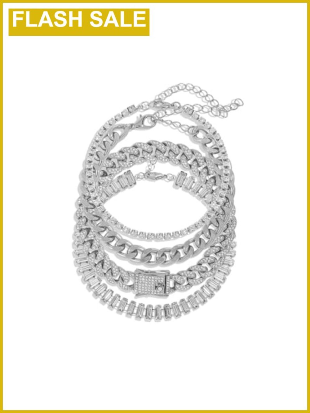 4PC Gold Plate Silver Plate Cuban Link Bracelet Set Rhinestone Layered Jewelry